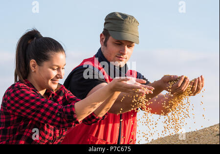 Yonng couple agriculteurs de champ de soya Banque D'Images