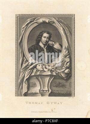 Portrait de Thomas Otway, poète et dramaturge de la restauration anglaise, 1652-1685. Dans un ovale décoré de lyre, masque dramatique et de fleurs. La gravure sur cuivre par Ryder à partir de la plaque de cuivre Magazine mensuel ou trésor, G. Kearsley, Londres, 1778. Banque D'Images