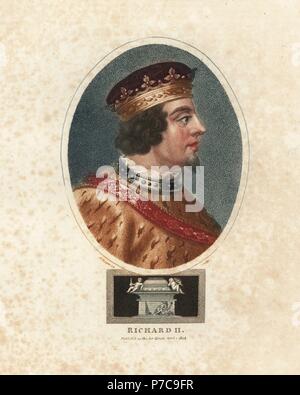 Portrait du roi Richard II (1367-1400), roi d'Angleterre, en tunique, la couronne et d'armures. Coloriée à la gravure sur cuivre de John Wilkes', Les Fleurs du Mal/1861/Sépulture Encyclopédie 1804. Banque D'Images