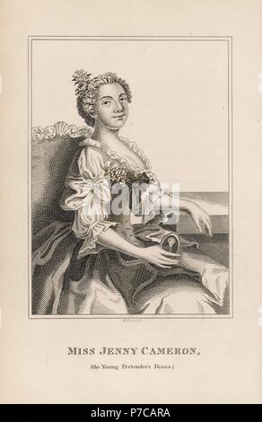 Mlle Jenny Cameron, noble aventurier et espion pour le Jeune Prétendant, avec un portrait miniature de Bonnie Prince Charlie. La gravure sur cuivre par R. tombe de John Caulfield's Portraits, mémoires et caractères de personnes remarquables, jeune, Londres, 1819. Banque D'Images