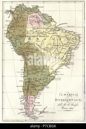 La carte de l'Amérique du Sud, 1842. La gravure sur cuivre coloriée après un graphique par Ab. B. Berghi de Giulio Ferrrario Costumes d'Antique et de moderne de tous les peuples (Il Costume Antico e Moderno di tutti i Popoli), Florence, 1842. Banque D'Images