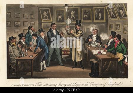 Anglais dandys géorgien avec champion du monde Tom boxer bareknuckle Cribb. Cribb's Parlour : Tom et Jerry l'introduction de la logique à la championne de l'Angleterre. La gravure sur cuivre coloriée par Isaac Robert Cruikshank et George Cruikshank de Pierce Egan's Life in London, Sherwood, Jones, Londres, 1823. Banque D'Images