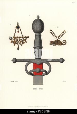 Sword couilles en fer décoré d'argent, doré et un tuyaux de chasse décoré de saphirs B et un crocodile C. chromolithographie de Hefner-Alteneck les costumes, Œuvres et appareils du Moyen-Âge au 17ème siècle, Francfort, 1889. Illustration par le Dr Jakob Heinrich von Hefner-Alteneck, lithographiée par C. Regnier. Le Dr Hefner-Alteneck (1811-1903), était un conservateur de musée, archéologue, historien de l'art, illustrateur et graveur. Banque D'Images