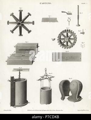 Metal Casting : équipement de moulage au sable ouvert 1, 2 truelle, forçant outil 4, 5 vis de levage en sable entre 6 flacons, cog wheel casting 7-10, et des moules pour le moulage du terreau 11-13. La gravure sur cuivre par Wilson Lowry D'après un dessin de John Farey d'Abraham Rees' Cyclopedia ou Dictionnaire Universel des Sciences, des arts et de la littérature, Longman, Hurst, Rees, Orme et Brown, Londres, 1809. Banque D'Images