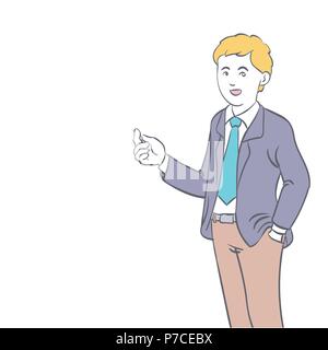 Businessman standing, character design business man travaillait pour concept d'entreprise. Cartoon isolé sur fond blanc. Hand Drawn Vector Illustra Illustration de Vecteur