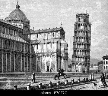 Pise, Italie - Piazza dei Miracoli avec la cathédrale et la tour penchée, gravure d'époque Banque D'Images