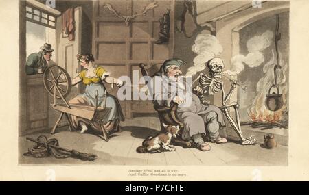 Le squelette de la mort fume une pipe au coin du feu avec de vieux Gaffer Goodman, alors que sa jeune femme est séduite par un prétendant à la fenêtre. Dessiné et gravé sur cuivre coloriée par Thomas ROWLANDSON à partir de la danse de mort, Ackermann, Londres, 1816. Banque D'Images