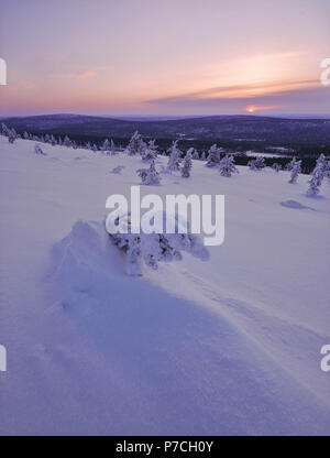 Scène d'hiver dans Särkituntturi ont chuté de Muonio, Finlande, Laponie Banque D'Images