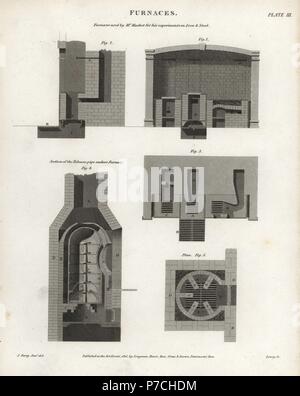 Fours utilisés par David Mushet pour ses expériences sur le fer et l'acier, et utilisé pour la fabrication de la conduite. La gravure sur cuivre par Wilson Lowry D'après un dessin de John Farey Jr. d'Abraham Rees' Cyclopedia ou Dictionnaire Universel des Sciences, des arts et de la littérature, Longman, Hurst, Rees, Orme et Brown, Londres, 1816. Banque D'Images