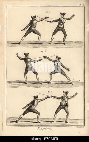 Les tireurs en garde à l'extérieur/poussée, positions et carte tierce tierce et positions, 354050 postes. La gravure sur cuivre par Robert Bénard de la section Escrime Escrime l'encyclopédie de Denis Diderot, Pellet, Genève, 1779. Banque D'Images