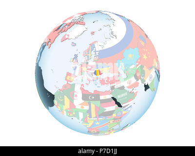 Roumanie Le globe lumineux avec drapeau politique intégré. 3D illustration isolé sur fond blanc. Banque D'Images