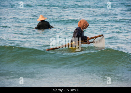 Les chasseurs, les pêcheurs de moules coquillages portant des chapeaux de paille, la plage Cua Dai à Hoi An, Vietnam Banque D'Images