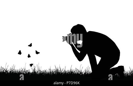 Silhouette d'un jeune homme la photographie papillons volant dans un gazon - vector Illustration de Vecteur