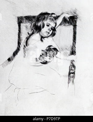 Mary Cassatt (1844-1926) a été le seul artiste américain à exposer avec les impressionnistes à Paris. Elle est devenue connue pour ses peintures des instants, en particulier ses images de femmes et d'enfants. Ses œuvres ont été parmi les premières œuvres impressionnistes vu aux États-Unis. Cette gravure est intitulé "au repos de l'enfant." Banque D'Images