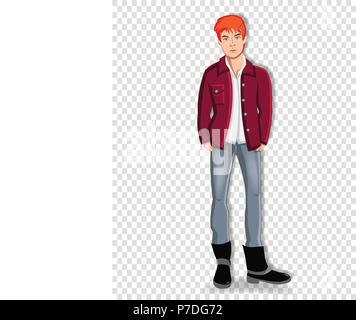 Vector illustration of handsome young redhead homme portant les tenues de garder les mains dans les poches de jeans isolé sur fond transparent. Ado Illustration de Vecteur