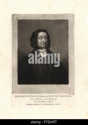 Elizabeth Steward, mère d'Oliver Cromwell, est mort en 1654. Gravure sur cuivre par Charles Turner après une peinture miniature d'origine de Samuel Woodburn's portraits de personnages illustres de l'histoire britannique, Londres, 1810. Banque D'Images