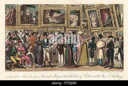 Dandys Anglais et les dames à une exposition d'art, 1820. Tom et Jerry à l'exposition de photos à la Royal Academy. Un Shilling et bien présentées. La gravure sur cuivre coloriée par Isaac Robert Cruikshank et George Cruikshank de Pierce Egan's Life in London, Sherwood, Jones, Londres, 1823. Banque D'Images