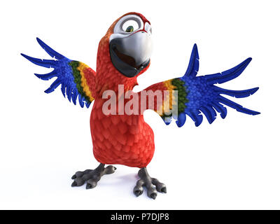 Le rendu 3D de cartoon parrot holding out ses ailes, souriant et à la très heureux. Arrière-plan blanc. Banque D'Images