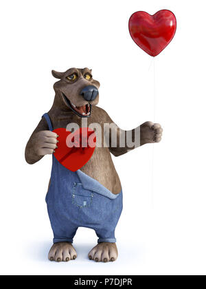 Le rendu 3D d'un charmant sourire cartoon bear holding a ballon rouge dans une main et une boite de chocolat dans l'autre. Prêt pour la St Valentin Banque D'Images