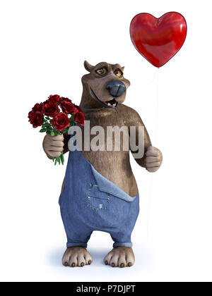 Le rendu 3D d'un charmant sourire cartoon bear holding a ballon rouge dans une main et un bouquet de roses à l'autre. Prêt pour Valentin Banque D'Images