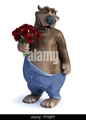 Le rendu 3D d'un charmant sourire cartoon bear tenant un bouquet de roses rouges à la main. Prêt pour la Saint-Valentin ! Arrière-plan blanc. Banque D'Images
