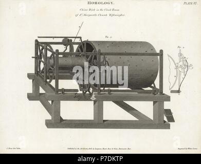 Travailler avec carillon et des marteaux moteur situé dans la salle de l'horloge de Saint Margaret's Church, l'abbaye de Westminster. La gravure sur cuivre par Wilson Lowry D'après un dessin de John Farey Jr. d'Abraham Rees' Cyclopedia ou Dictionnaire Universel des Sciences, des arts et de la littérature, Longman, Hurst, Rees, Orme et Brown, Londres, 1808. Banque D'Images