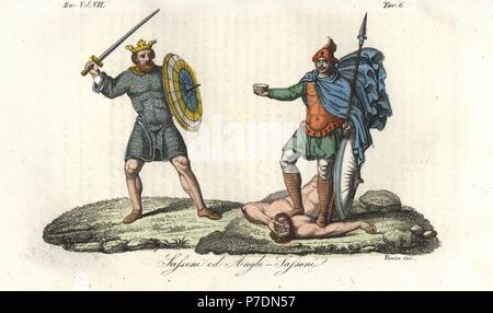 Roi de Saxe en cotte tunique à double tranchant et le bouclier, Et le roi anglo-saxon de l'Heptarchie, 8e siècle, en cuir pectoral debout sur un ennemi vaincu avec une tasse fabriquée à partir d'un crâne humain. La gravure sur cuivre coloriée par Verico de Giulio Ferrario Costumes d'antique et moderne des peuples du monde, Florence, 1847. Banque D'Images