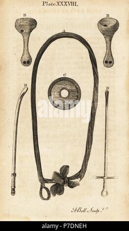 Les instruments utilisés pour Smellie faciliter l'accouchement : filet de os de baleine, pessaire et cathéter. La gravure sur cuivre par Andrew Bell, de William Smellie est un ensemble de tables anatomiques, Charles Elliot, Édimbourg, 1780. Banque D'Images