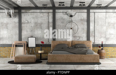 Chambre des maîtres en mezzanine avec un lit double en cuir et décoration d'objets - le rendu 3D Banque D'Images
