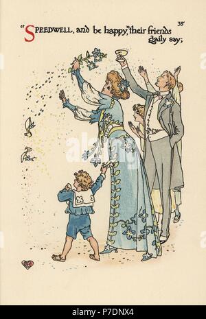 Fleur fée de Speedwell, Veronica chamaedrys, dans l'habillement brodé de fleur et gentleman porter un toast avec le verre à champagne et page dans sailor costume. Chromolithographie après une illustration par Walter Crane à partir d'une fleur Mariage, Cassell, Londres, 1905. Banque D'Images