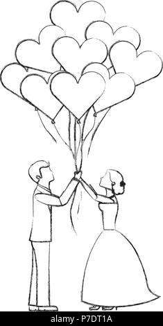 Mariée et le marié avec des ballons coeurs mariage croquis d'illustration vectorielle Illustration de Vecteur