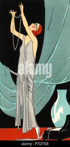 Femme en robe de soirée en argent lame décorée avec des perles de cristal. Coloriée pochoir (stencil) lithographie du magazine de mode de luxe français Art, la goutte, Beaute, 1923. Banque D'Images