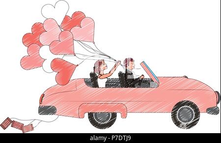 Couple mariés en voiture décapotable avec des ballons dessin illustration vectorielle Illustration de Vecteur
