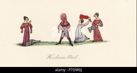 Hoodman blind, ou colin-maillard, 14e siècle. Les femmes avec capots noués attaquer l'homme aveugle (femme dans la hotte inversée). Lithographie coloriée par Joseph Strutt à partir de ses propres activités sportives et les loisirs de la population de l'Angleterre, Chatto et Windus, Londres, 1876. Banque D'Images