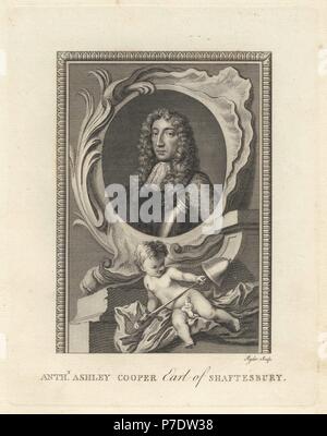 Portrait de Sir Anthony Ashley Cooper, comte de Shaftesbury, homme politique français, 1621-1683. Dans un ovale, avec putto, épée et Bell. La gravure sur cuivre par Ryder à partir de la plaque de cuivre Magazine mensuel ou trésor, G. Kearsley, Londres, 1778. Banque D'Images