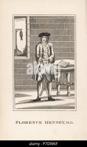 Florence Hensey, médecin irlandais condamné à mort pour haute trahison comme un espion français en 1759. Graciés deux semaines plus tard. Illustré par des chaînes dans une cellule de prison, avec un corps suspendu à une potence à l'extérieur de la fenêtre. La gravure sur cuivre de Jean Caulfield's Portraits, mémoires et caractères de personnes remarquables, jeune, Londres, 1819. Banque D'Images