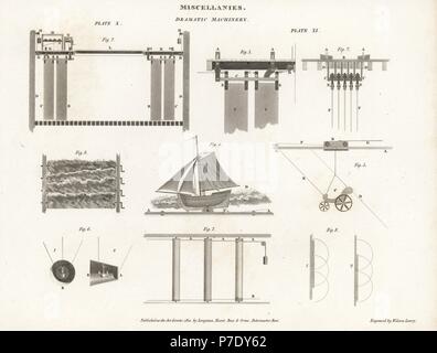 Machinerie spectaculaire pour un théâtre y compris transport vol, bateau sur les vagues, appartements, etc. la gravure sur cuivre par Wilson Lowry d'Abraham Rees' Cyclopedia ou Dictionnaire Universel des Sciences, des arts et de la littérature, Longman, Hurst, Rees, Orme et Brown, Londres, 1820. Banque D'Images