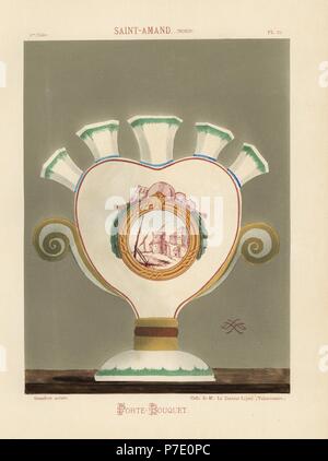 Porte-Bouquet de Saint-Amand, Normandie, France, porte-vase avec cinq bouche ornée d'un paysage. Fini à la main chromolithographie de Ris Paquot général de l'histoire de l'ancienne poterie vernissée, français et étrangers, chez l'auteur, Paris, 1874. Banque D'Images