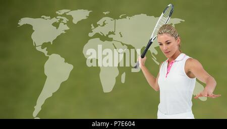 Joueur de tennis femme avec carte du monde Banque D'Images