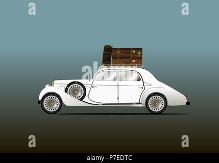 Antique classique voiture blanche avec des bagages sur le toit Illustration de Vecteur