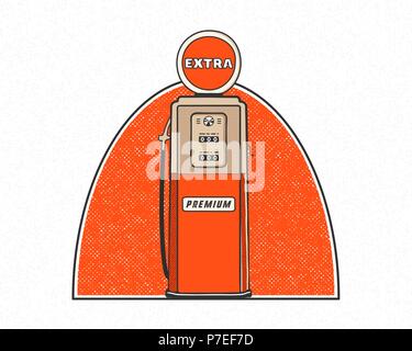Vintage Gas Station d'art de la pompe. Retro design dessiné à la main dans le style. La pompe de l'essence unique de l'illustration. Stock vector isolated on grunge background Illustration de Vecteur