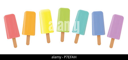 Lollys glace organisé de façon lâche. De couleur arc-en-ciel collection fruitée de sept popsicles congelés - illustration sur fond blanc. Banque D'Images