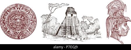 Pyramide Maya Vintage, portrait d'un homme, costume traditionnel, de calendrier et de décoration sur la tête. La culture aztèque indigènes. Le Mexique. Monochrome antique Vieux croquis dessinés à la main, gravée pour l'arrière-plan de l'étiquette Illustration de Vecteur