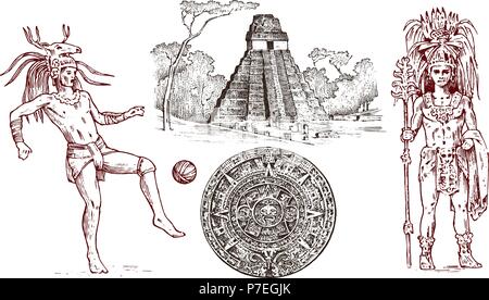 Pyramide Maya Vintage, portrait d'un homme, costume traditionnel, de calendrier et de décoration sur la tête. La culture aztèque indigènes. Le Mexique. Monochrome antique Vieux croquis dessinés à la main, gravée pour l'arrière-plan de l'étiquette Illustration de Vecteur