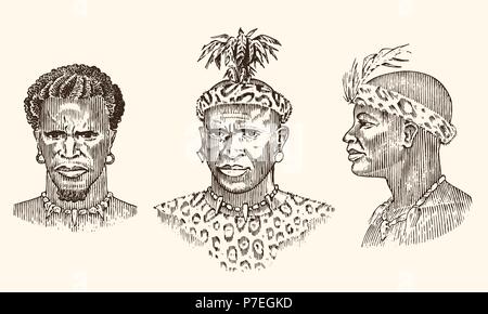 Les tribus africaines, des portraits d'aborigènes en costumes traditionnels. Guerrier autochtone australien noir. Dessinés à la main, gravée monochrome ancien Vintage esquisse d'étiquette. Illustration de Vecteur