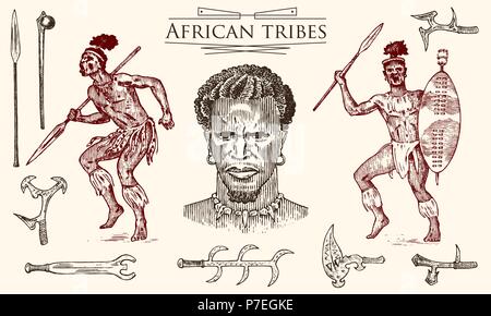 Les tribus africaines, des portraits d'aborigènes en costumes traditionnels. Noir Guerrier Australien autochtone avec des lances et des armes. Dessinés à la main, gravée monochrome ancien Vintage esquisse d'étiquette. Illustration de Vecteur