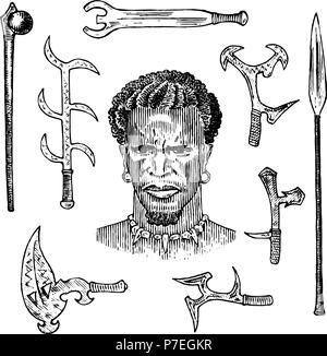 Tribu africaine avec des lances et d'armes, portrait d'Aborigène en costume traditionnel. Guerrier autochtone australien noir. Dessinés à la main, gravée monochrome ancien Vintage esquisse d'étiquette. Illustration de Vecteur