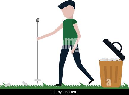L'homme nettoie la pelouse de débris vector illustration sur fond blanc Illustration de Vecteur