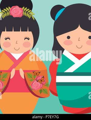 Poupées de kokeshi japonais sucré en kimono Illustration de Vecteur