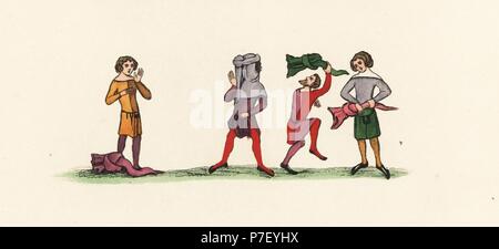 Hoodman blind, ou colin-maillard, 14e siècle. Les hommes avec capots noués attaquer l'aveugle avec le capot. Lithographie coloriée par Joseph Strutt à partir de ses propres activités sportives et les loisirs de la population de l'Angleterre, Chatto et Windus, Londres, 1876. Banque D'Images